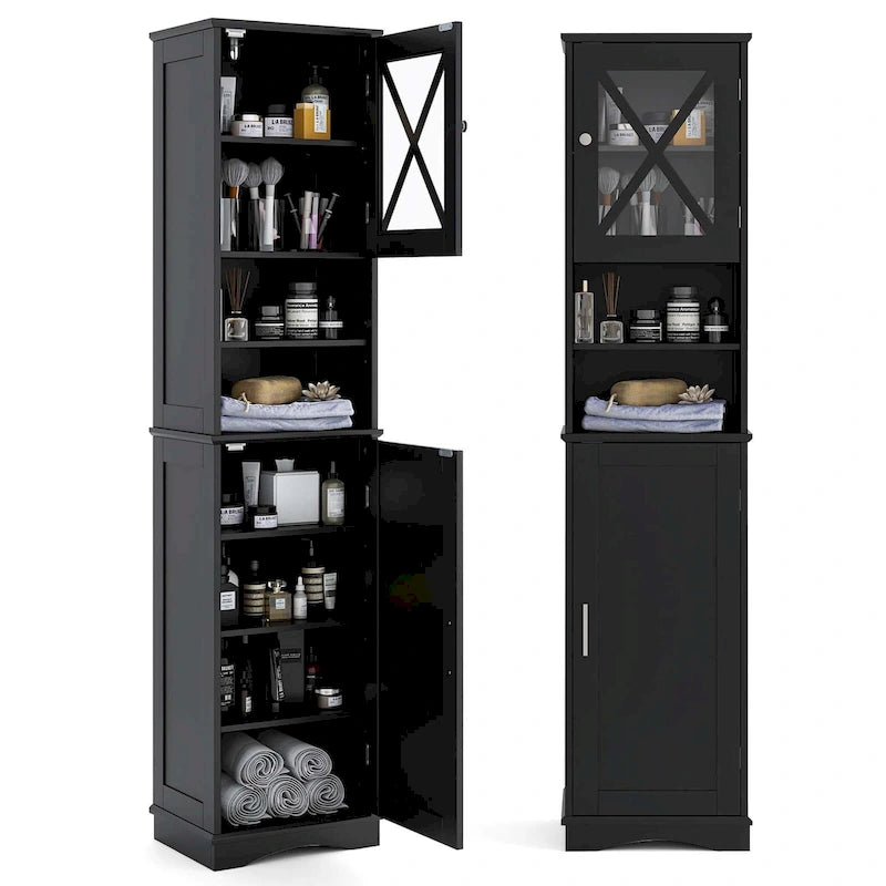67" Tall Bathroom Storage Cabinet Freestanding with 2 Open Compartments 2 Enclosed Cabinets 5 Adjustable Shelves MDF Acrylic
