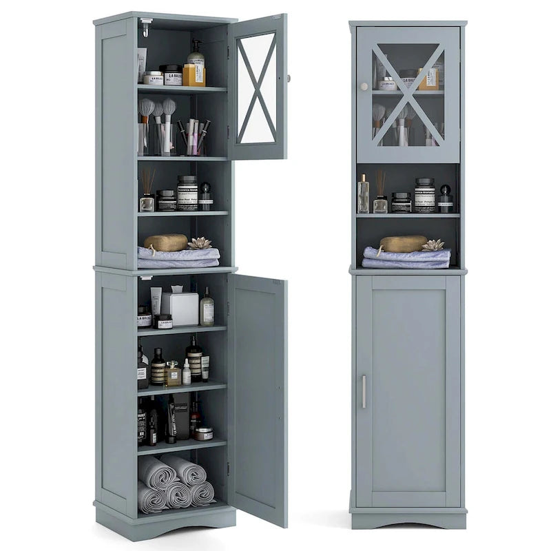 67" Tall Bathroom Storage Cabinet Freestanding with 2 Open Compartments 2 Enclosed Cabinets 5 Adjustable Shelves MDF Acrylic