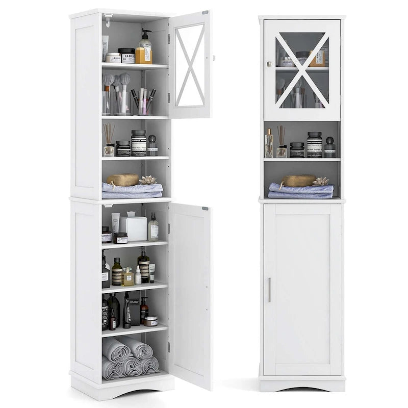 67" Tall Bathroom Storage Cabinet Freestanding with 2 Open Compartments 2 Enclosed Cabinets 5 Adjustable Shelves MDF Acrylic