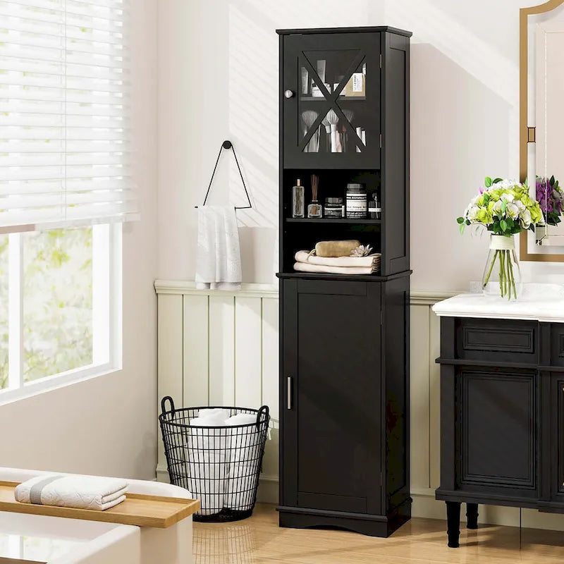 67" Tall Bathroom Storage Cabinet Freestanding with 2 Open Compartments 2 Enclosed Cabinets 5 Adjustable Shelves MDF Acrylic
