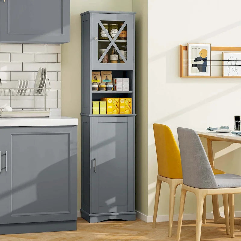 67" Tall Bathroom Storage Cabinet Freestanding with 2 Open Compartments 2 Enclosed Cabinets 5 Adjustable Shelves MDF Acrylic