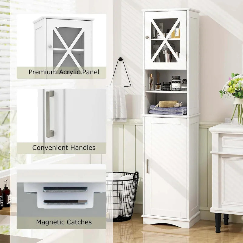 67" Tall Bathroom Storage Cabinet Freestanding with 2 Open Compartments 2 Enclosed Cabinets 5 Adjustable Shelves MDF Acrylic