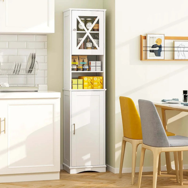 67" Tall Bathroom Storage Cabinet Freestanding with 2 Open Compartments 2 Enclosed Cabinets 5 Adjustable Shelves MDF Acrylic