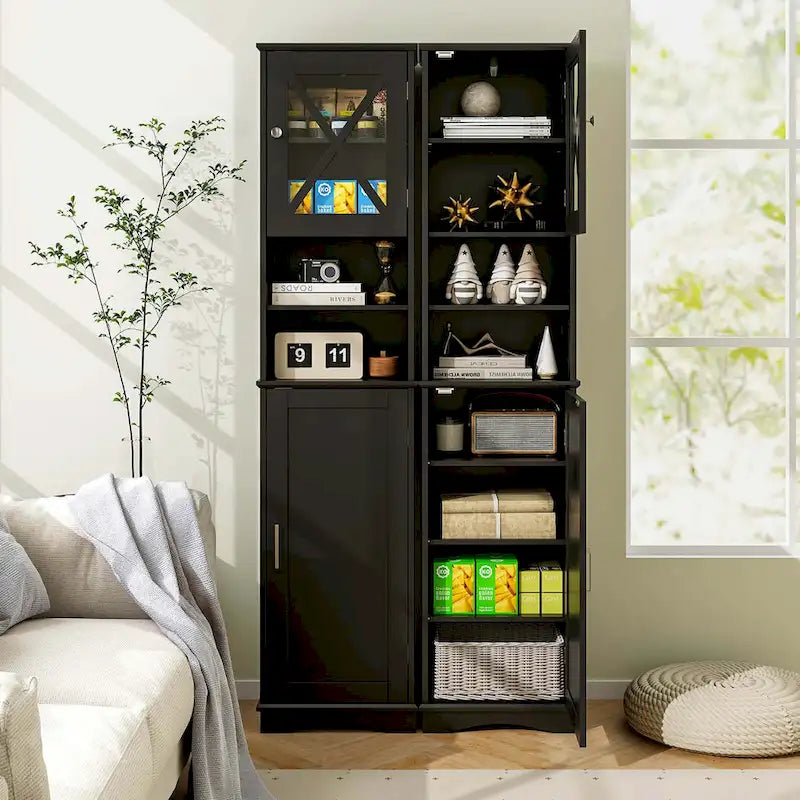 67" Tall Bathroom Storage Cabinet Freestanding with 2 Open Compartments 2 Enclosed Cabinets 5 Adjustable Shelves MDF Acrylic