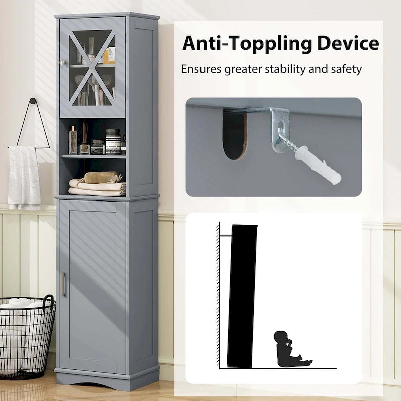 67" Tall Bathroom Storage Cabinet Freestanding with 2 Open Compartments 2 Enclosed Cabinets 5 Adjustable Shelves MDF Acrylic