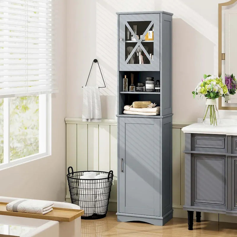 67" Tall Bathroom Storage Cabinet Freestanding with 2 Open Compartments 2 Enclosed Cabinets 5 Adjustable Shelves MDF Acrylic
