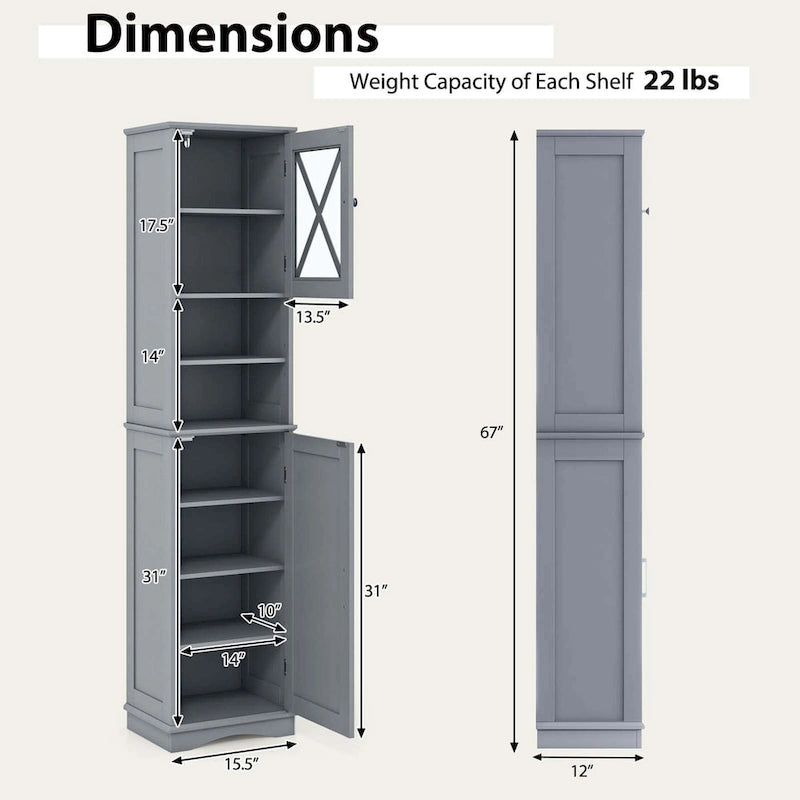 67" Tall Bathroom Storage Cabinet Freestanding with 2 Open Compartments 2 Enclosed Cabinets 5 Adjustable Shelves MDF Acrylic