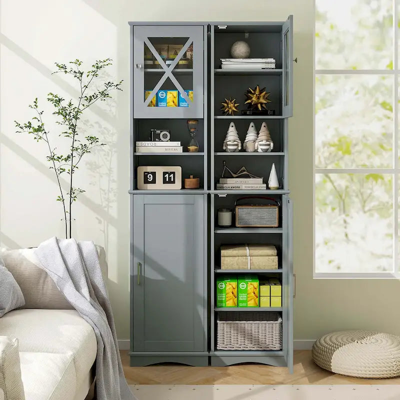 67" Tall Bathroom Storage Cabinet Freestanding with 2 Open Compartments 2 Enclosed Cabinets 5 Adjustable Shelves MDF Acrylic