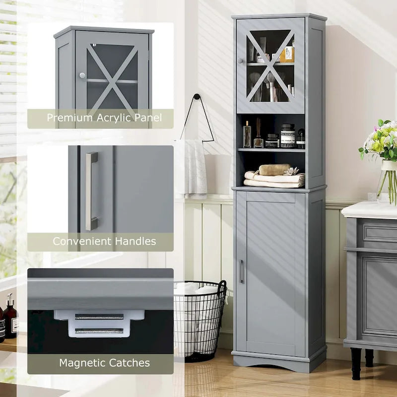 67" Tall Bathroom Storage Cabinet Freestanding with 2 Open Compartments 2 Enclosed Cabinets 5 Adjustable Shelves MDF Acrylic