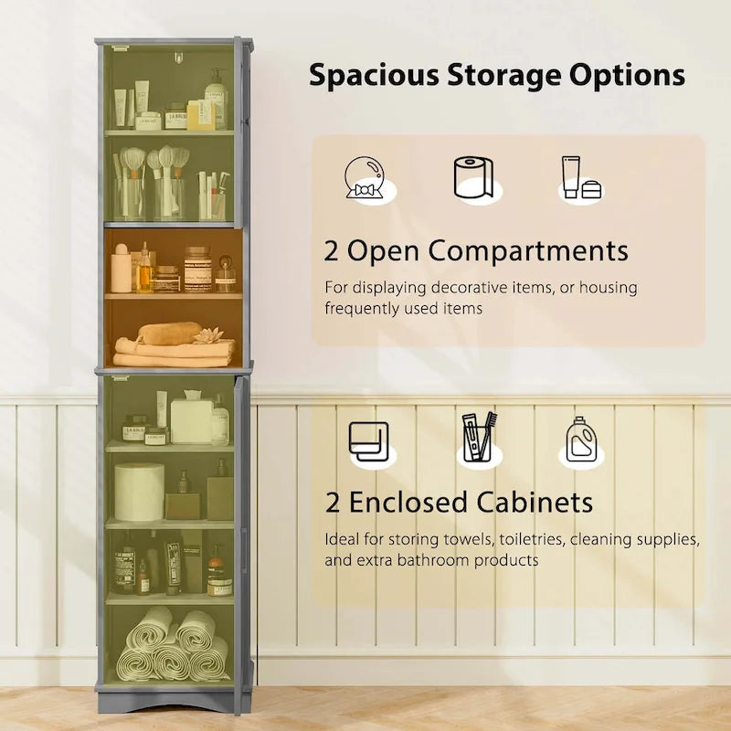 67" Tall Bathroom Storage Cabinet Freestanding with 2 Open Compartments 2 Enclosed Cabinets 5 Adjustable Shelves MDF Acrylic