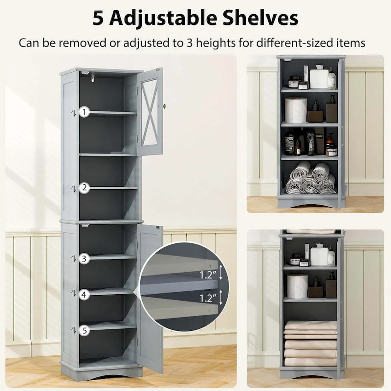 67" Tall Bathroom Storage Cabinet Freestanding with 2 Open Compartments 2 Enclosed Cabinets 5 Adjustable Shelves MDF Acrylic