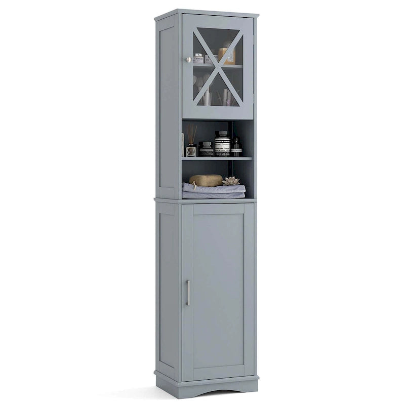 67" Tall Bathroom Storage Cabinet Freestanding with 2 Open Compartments 2 Enclosed Cabinets 5 Adjustable Shelves MDF Acrylic