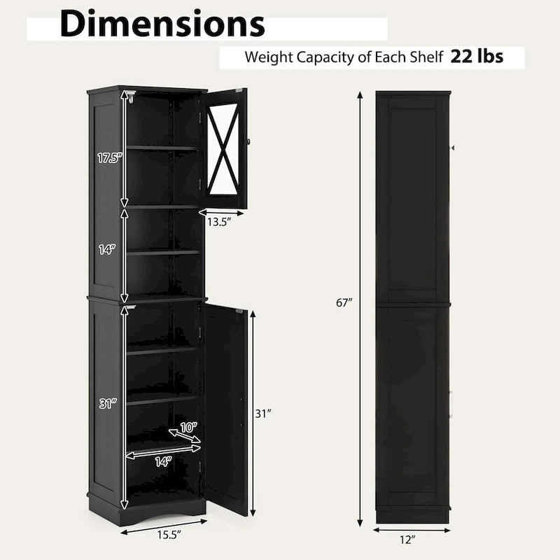 67" Tall Bathroom Storage Cabinet Freestanding with 2 Open Compartments 2 Enclosed Cabinets 5 Adjustable Shelves MDF Acrylic