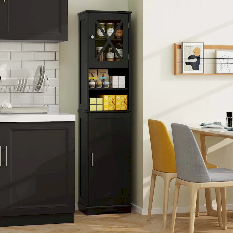 67" Tall Bathroom Storage Cabinet Freestanding with 2 Open Compartments 2 Enclosed Cabinets 5 Adjustable Shelves MDF Acrylic