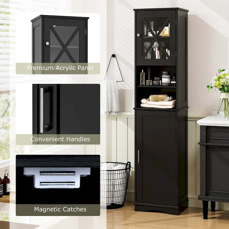 67" Tall Bathroom Storage Cabinet Freestanding with 2 Open Compartments 2 Enclosed Cabinets 5 Adjustable Shelves MDF Acrylic