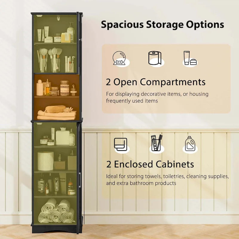 67" Tall Bathroom Storage Cabinet Freestanding with 2 Open Compartments 2 Enclosed Cabinets 5 Adjustable Shelves MDF Acrylic