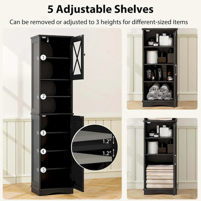 67" Tall Bathroom Storage Cabinet Freestanding with 2 Open Compartments 2 Enclosed Cabinets 5 Adjustable Shelves MDF Acrylic