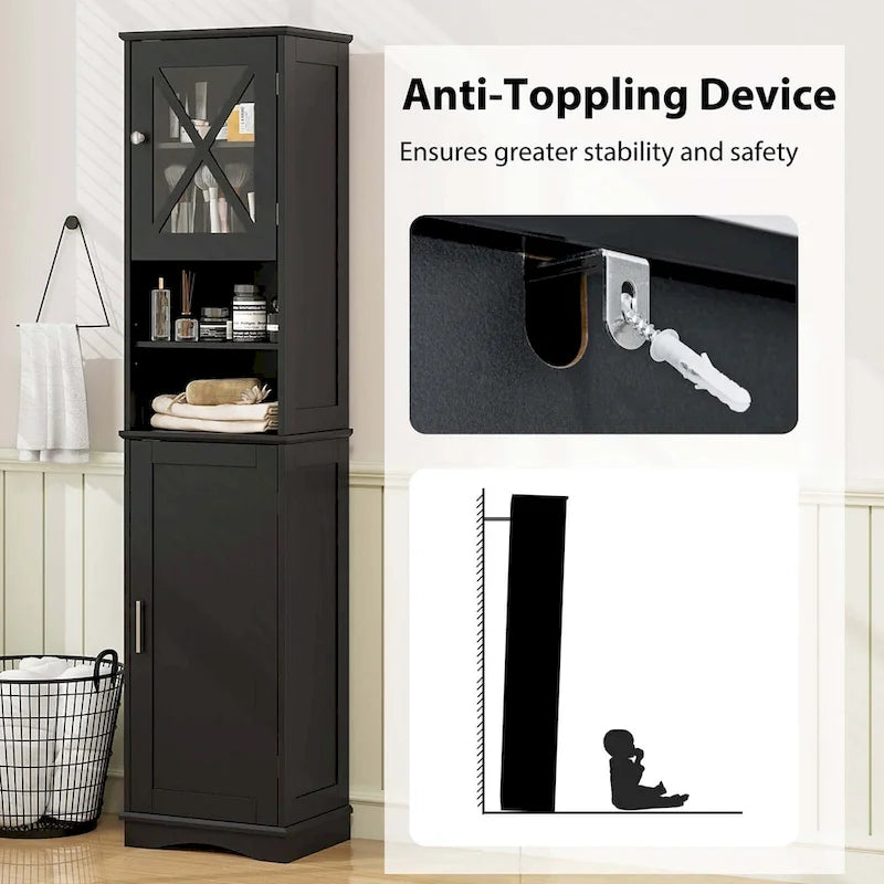 67" Tall Bathroom Storage Cabinet Freestanding with 2 Open Compartments 2 Enclosed Cabinets 5 Adjustable Shelves MDF Acrylic