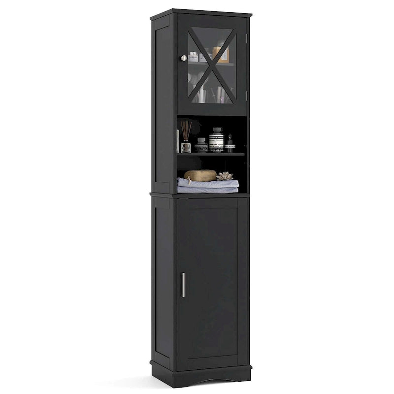 67" Tall Bathroom Storage Cabinet Freestanding with 2 Open Compartments 2 Enclosed Cabinets 5 Adjustable Shelves MDF Acrylic