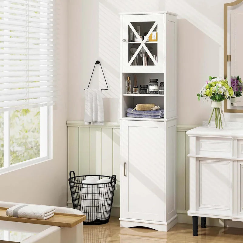 67" Tall Bathroom Storage Cabinet Freestanding with 2 Open Compartments 2 Enclosed Cabinets 5 Adjustable Shelves MDF Acrylic