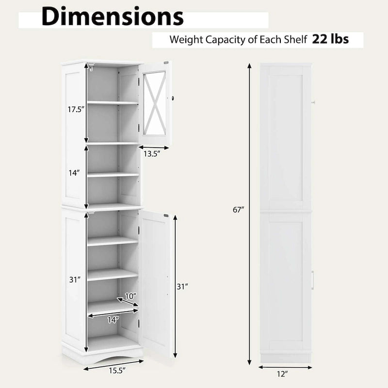 67" Tall Bathroom Storage Cabinet Freestanding with 2 Open Compartments 2 Enclosed Cabinets 5 Adjustable Shelves MDF Acrylic