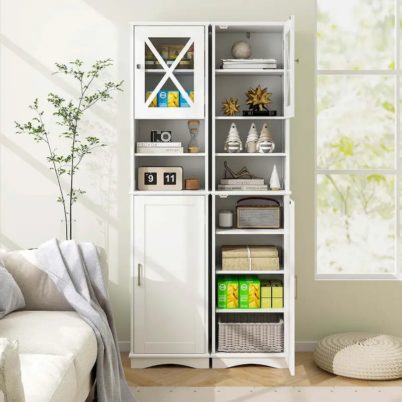67" Tall Bathroom Storage Cabinet Freestanding with 2 Open Compartments 2 Enclosed Cabinets 5 Adjustable Shelves MDF Acrylic