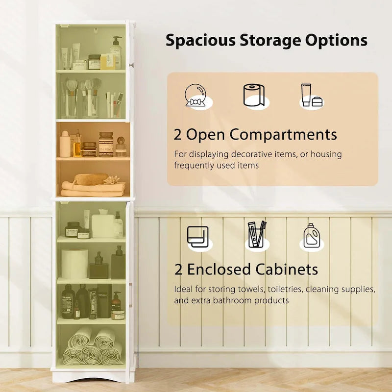 67" Tall Bathroom Storage Cabinet Freestanding with 2 Open Compartments 2 Enclosed Cabinets 5 Adjustable Shelves MDF Acrylic