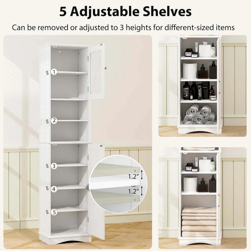 67" Tall Bathroom Storage Cabinet Freestanding with 2 Open Compartments 2 Enclosed Cabinets 5 Adjustable Shelves MDF Acrylic