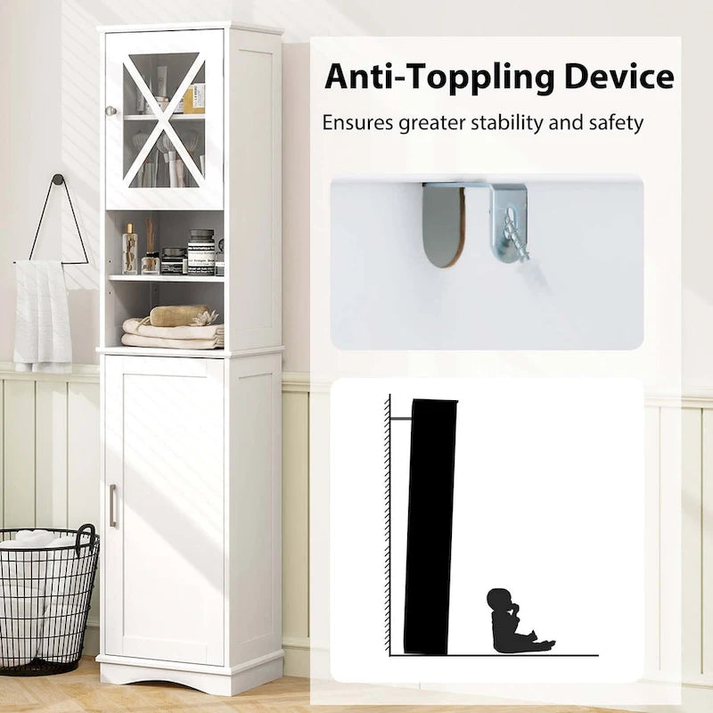 67" Tall Bathroom Storage Cabinet Freestanding with 2 Open Compartments 2 Enclosed Cabinets 5 Adjustable Shelves MDF Acrylic