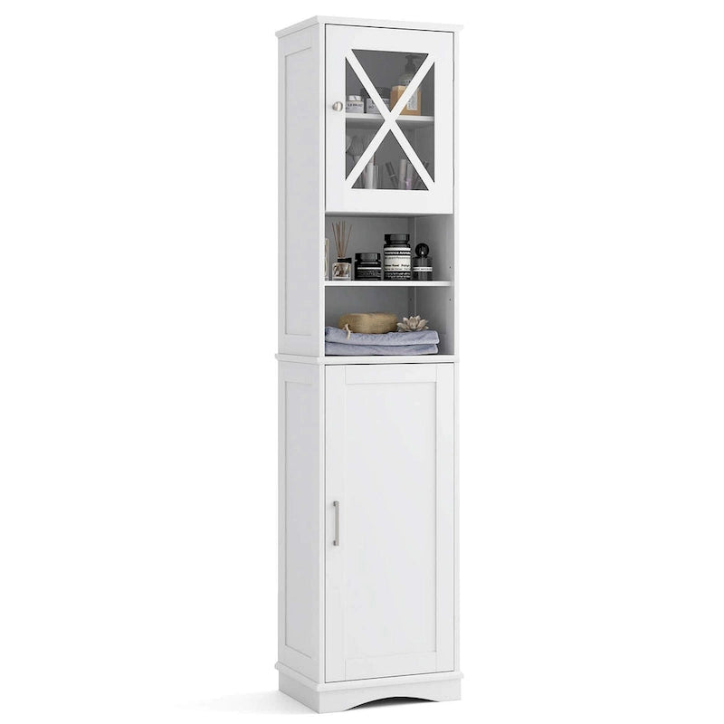 67" Tall Bathroom Storage Cabinet Freestanding with 2 Open Compartments 2 Enclosed Cabinets 5 Adjustable Shelves MDF Acrylic
