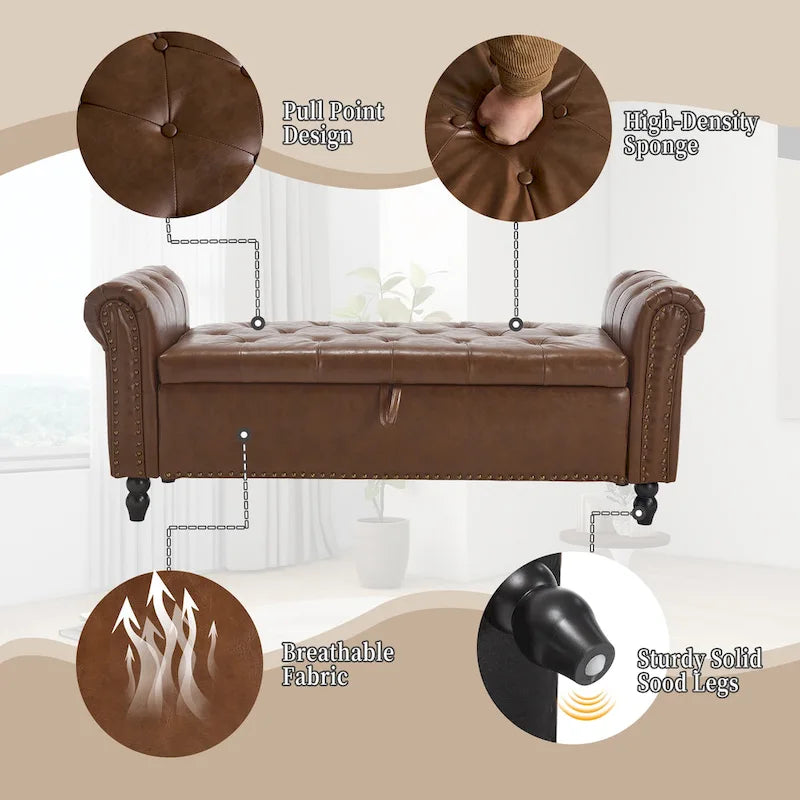 55.12 Upholstered Fabric Storage Ottoman Bench, Button Tufted Design, 275lbs Capacity for Living Room or Bedroom