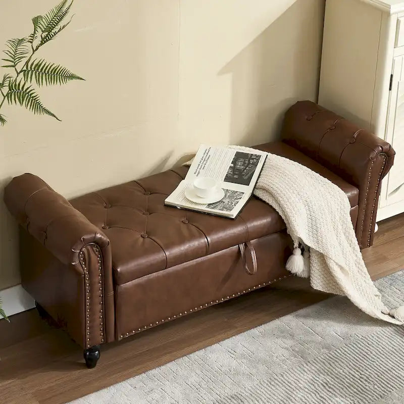 55.12 Upholstered Fabric Storage Ottoman Bench, Button Tufted Design, 275lbs Capacity for Living Room or Bedroom