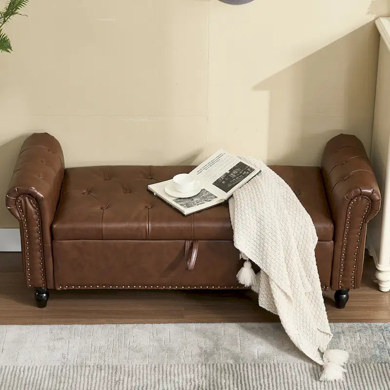 55.12 Upholstered Fabric Storage Ottoman Bench, Button Tufted Design, 275lbs Capacity for Living Room or Bedroom