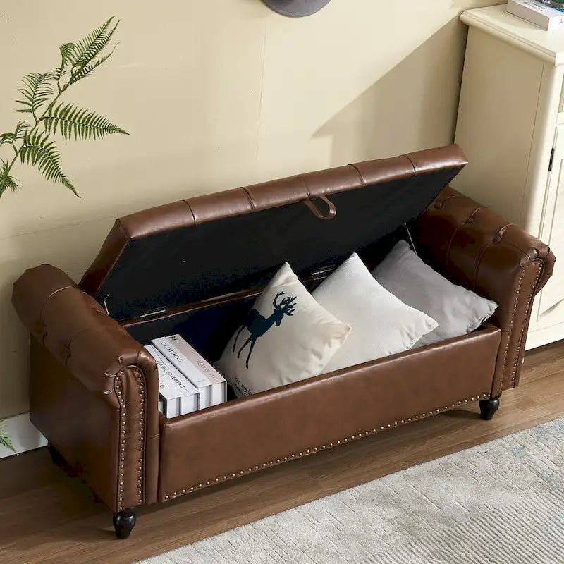 55.12 Upholstered Fabric Storage Ottoman Bench, Button Tufted Design, 275lbs Capacity for Living Room or Bedroom