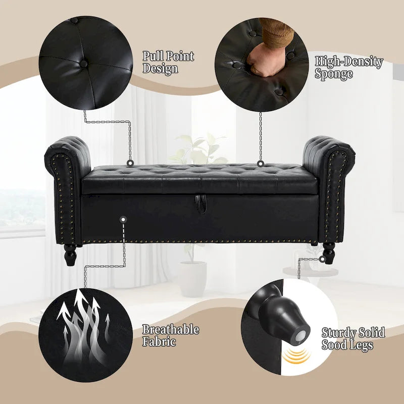55.12 Upholstered Fabric Storage Ottoman Bench, Button Tufted Design, 275lbs Capacity for Living Room or Bedroom