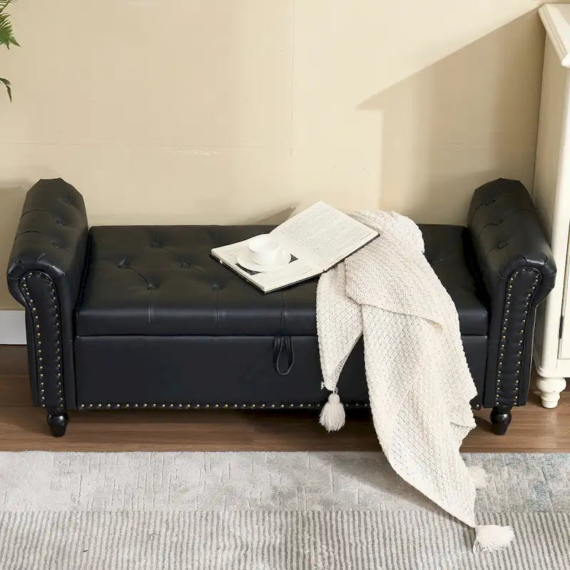 55.12 Upholstered Fabric Storage Ottoman Bench, Button Tufted Design, 275lbs Capacity for Living Room or Bedroom