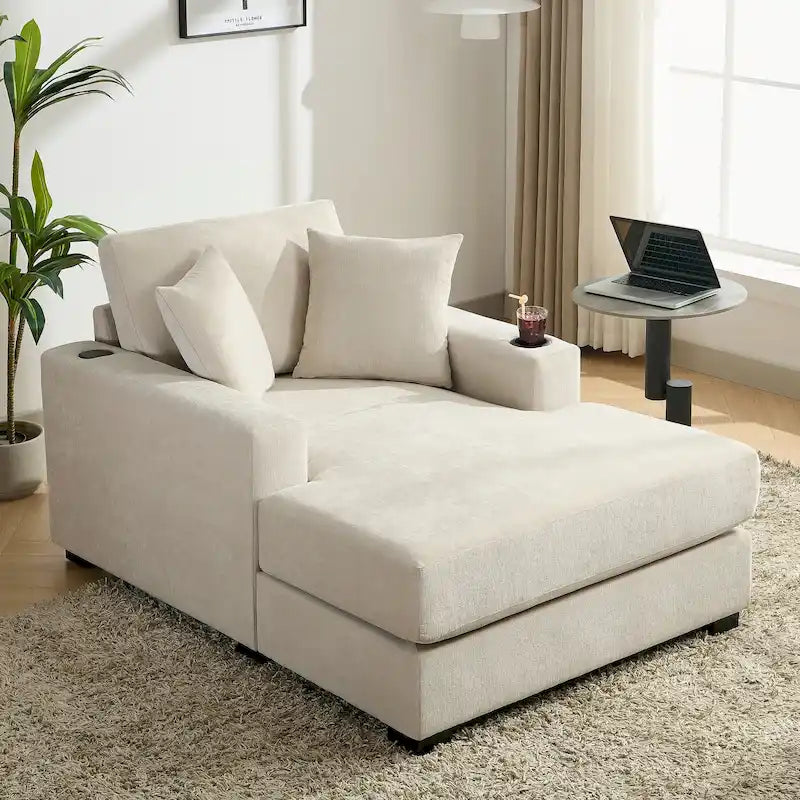 Oversized Chenille Chaise Lounger - Built-in Charging Station (USB/Type-C), Cup Holders, Washable Covers, 3 Sizes: 40"/44"/55"