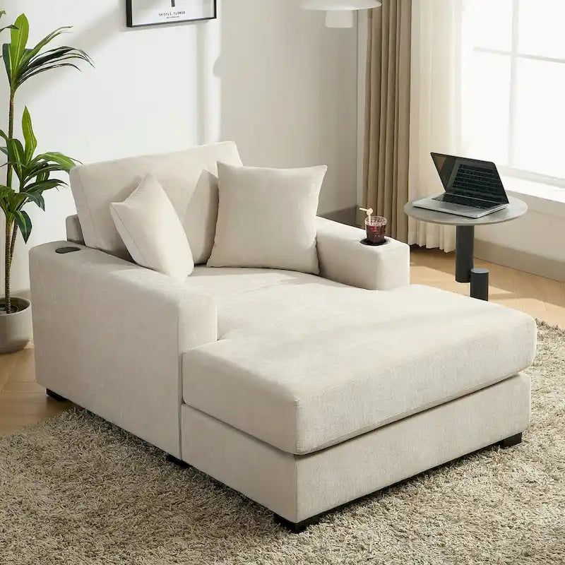 Oversized Chenille Chaise Lounger - Built-in Charging Station (USB/Type-C), Cup Holders, Washable Covers, 3 Sizes: 40"/44"/55"