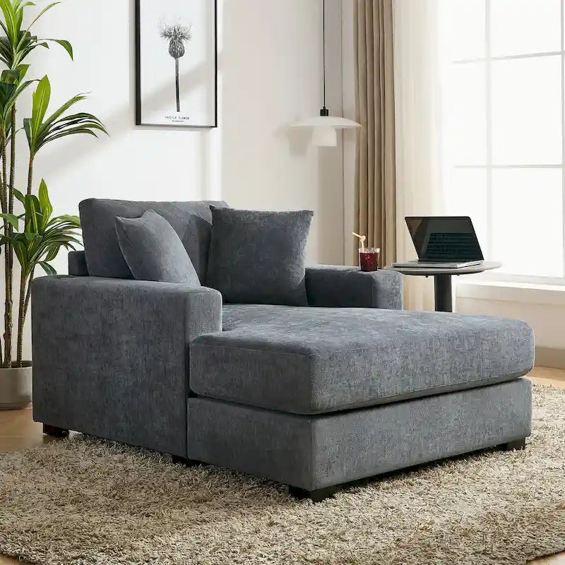 Oversized Chenille Chaise Lounger - Built-in Charging Station (USB/Type-C), Cup Holders, Washable Covers, 3 Sizes: 40"/44"/55"