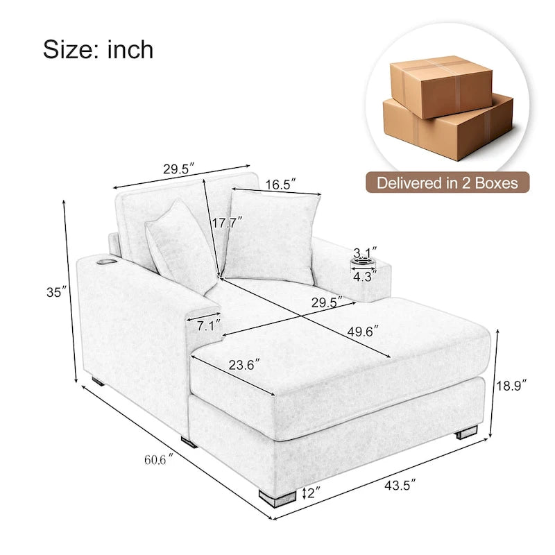 Oversized Chenille Chaise Lounger - Built-in Charging Station (USB/Type-C), Cup Holders, Washable Covers, 3 Sizes: 40"/44"/55"