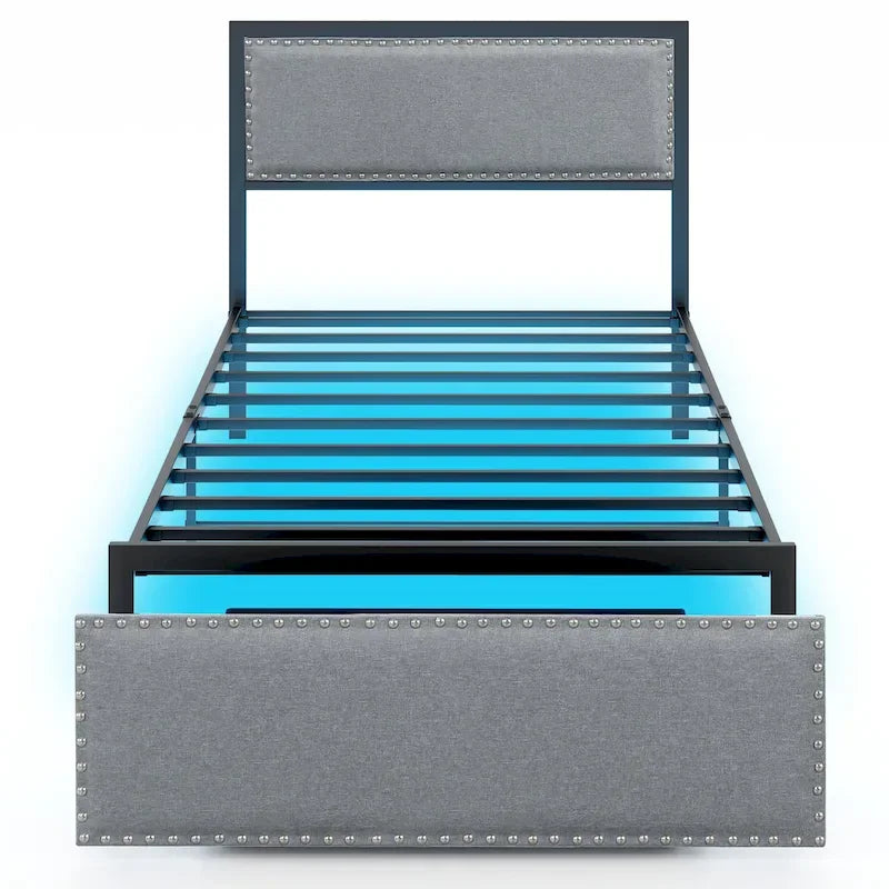 Twin Size LED Bed Frame with RGB Lights & Storage Drawer - App/Remote Control, Metal Platform, 1000 lbs Capacity, No Box Spring - Grey Upholstered