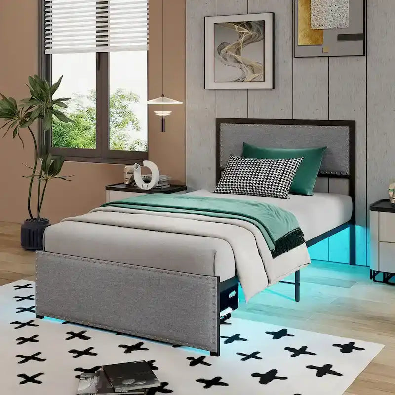 Twin Size LED Bed Frame with RGB Lights & Storage Drawer - App/Remote Control, Metal Platform, 1000 lbs Capacity, No Box Spring - Grey Upholstered