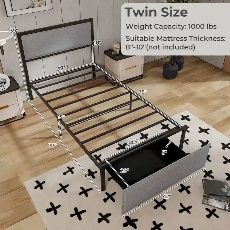 Twin Size LED Bed Frame with RGB Lights & Storage Drawer - App/Remote Control, Metal Platform, 1000 lbs Capacity, No Box Spring - Grey Upholstered