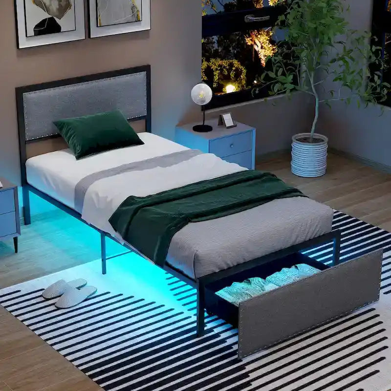 Twin Size LED Bed Frame with RGB Lights & Storage Drawer - App/Remote Control, Metal Platform, 1000 lbs Capacity, No Box Spring - Grey Upholstered