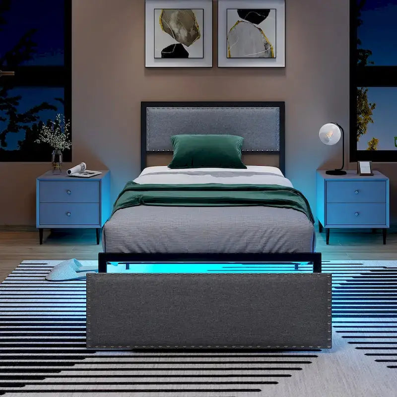 Twin Size LED Bed Frame with RGB Lights & Storage Drawer - App/Remote Control, Metal Platform, 1000 lbs Capacity, No Box Spring - Grey Upholstered