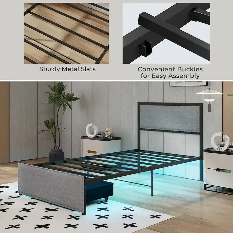 Twin Size LED Bed Frame with RGB Lights & Storage Drawer - App/Remote Control, Metal Platform, 1000 lbs Capacity, No Box Spring - Grey Upholstered