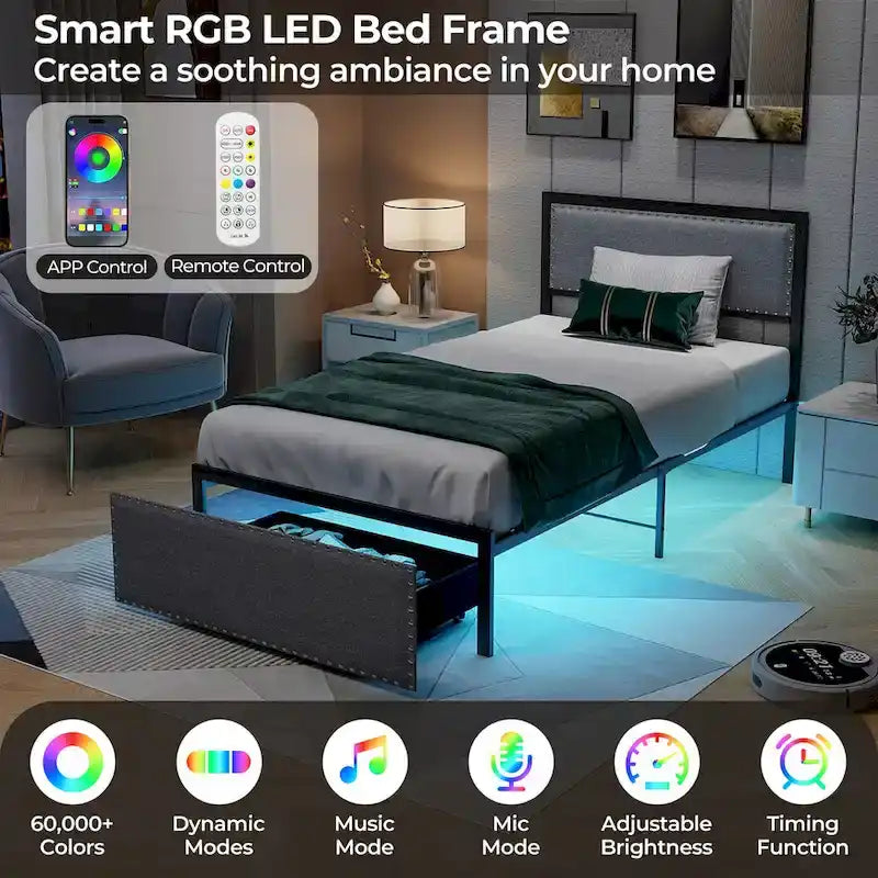 Twin Size LED Bed Frame with RGB Lights & Storage Drawer - App/Remote Control, Metal Platform, 1000 lbs Capacity, No Box Spring - Grey Upholstered