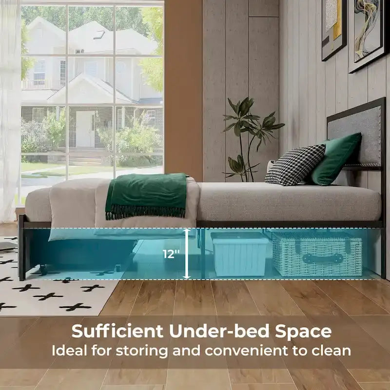 Twin Size LED Bed Frame with RGB Lights & Storage Drawer - App/Remote Control, Metal Platform, 1000 lbs Capacity, No Box Spring - Grey Upholstered