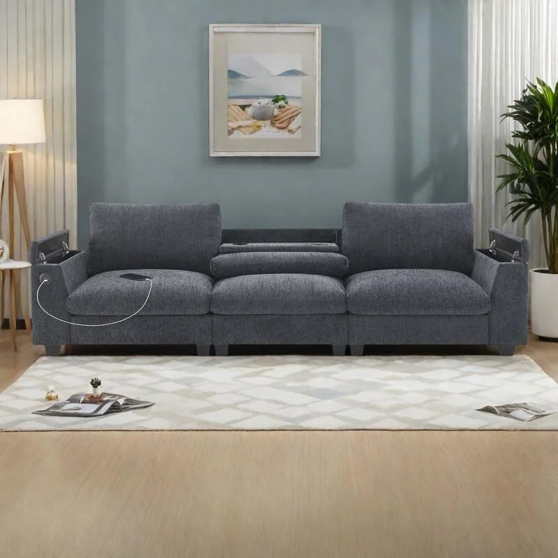 96" Chenille Smart Sectional Sofa with Bluetooth Speaker, USB Charger & Drop-Down Table - 3-Seater Cloud Couch