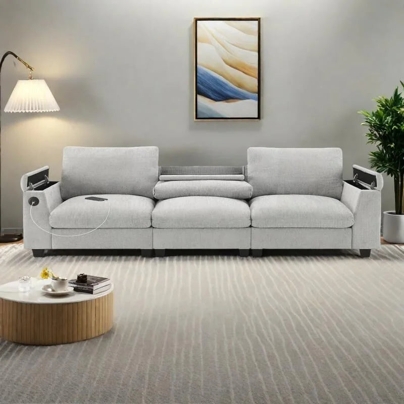 96" Chenille Smart Sectional Sofa with Bluetooth Speaker, USB Charger & Drop-Down Table - 3-Seater Cloud Couch